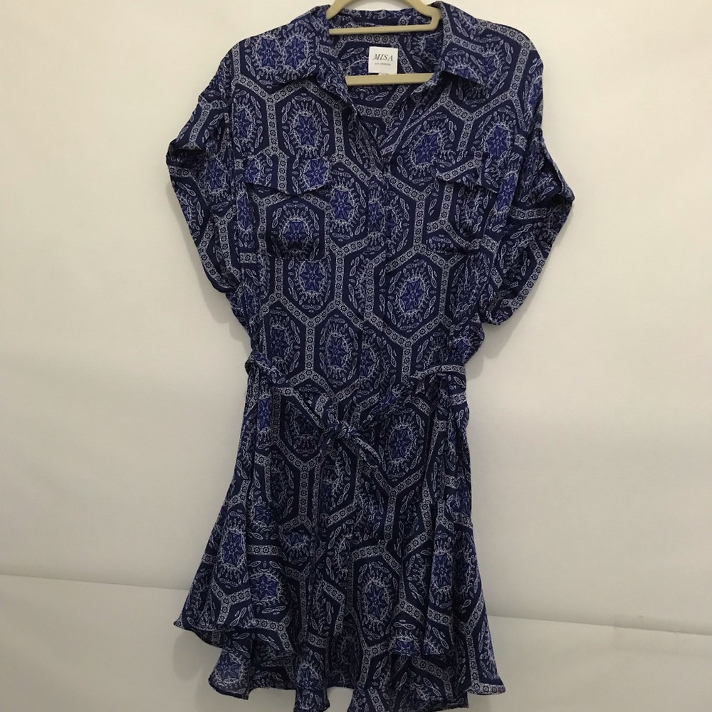 Misa Los Angeles Navy Blue Printed Shirt Dress Size